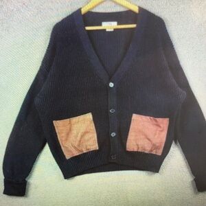 Black Cardigan Sweater with Tan Pockets